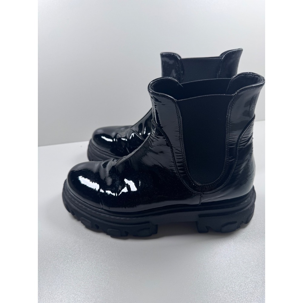 Chunky Patent Leather Chelsea Combat Boots Lug Sole Black 38 7.5 8 Grunge Italy